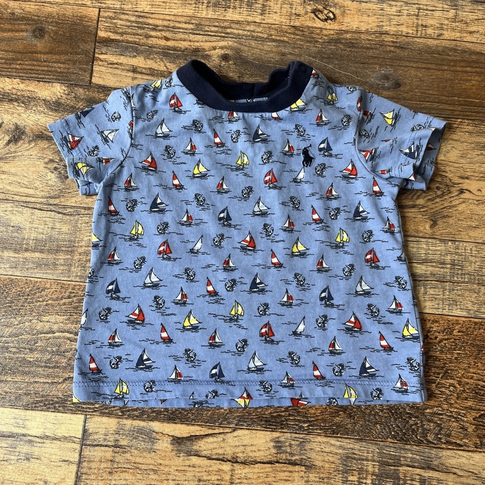 Ralph Lauren Shirt Baby Boy 6m Sailboats Coastal Summer Embroidered Logo